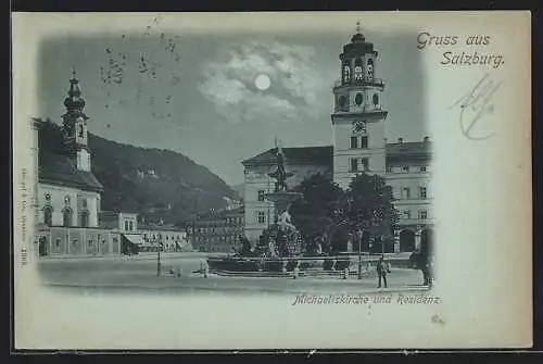 Mondschein-AK Salzburg, Michaeliskirche und Residenz