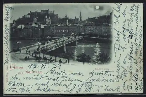 Mondschein-AK Salzburg, Reger Verkehr auf der Stadtbrücke