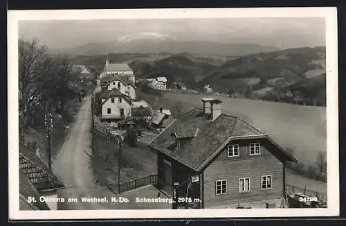 AK St. Corona am Wechsel, Teilansicht aus der Vogelschau, der Schneeberg im Hintergrund