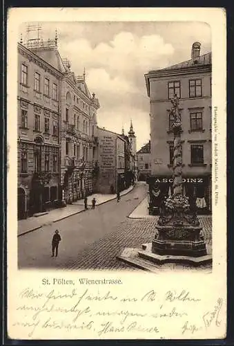 AK St. Pölten, Wienerstrasse mit Geschäft und Denkmal