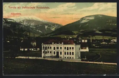 AK Ternitz, Teilansicht mit Volksschule Dunkelstein und Schneeberg