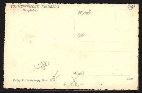 AK Kindberg, Hauptplatz mit Schild Zum Schwimmbad