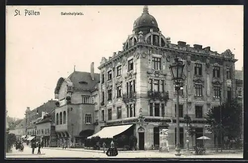 AK St. Pölten, Bahnhofplatz mit Restaurant Kaiserkrone