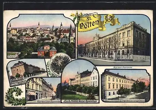 AK St. Pölten, Totalansicht und Strassenpartien mit Kasernen und Einquartierungshaus