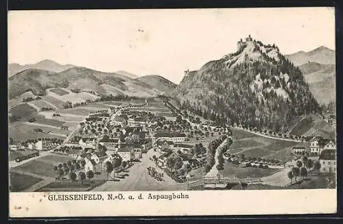 Künstler-AK Gleissenfeld a. d. Aspangbahn, Teilansicht mit Ruine
