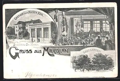 Künstler-AK Salzburg-Maxglan, Gasthof zum Kaiser Karl, Innenansicht, Gastgarten