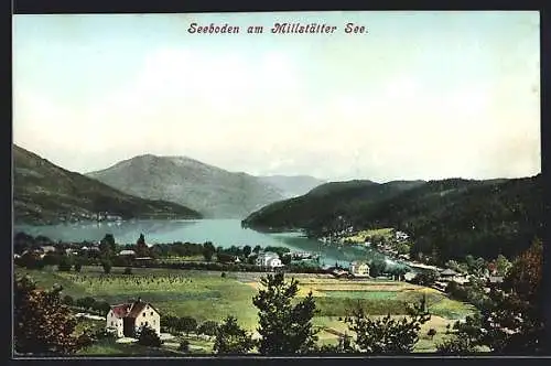 AK Seeboden am Millstätter See, Ortsansicht mit See und Bergen