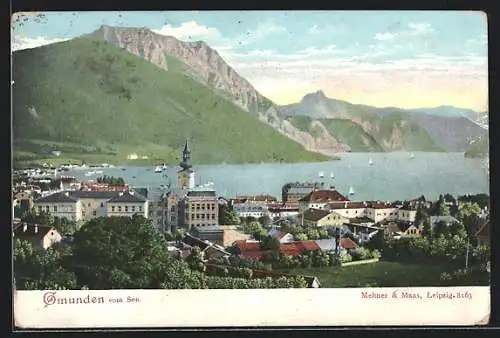 AK Gmunden, Ortsansicht mit See und Segelbooten