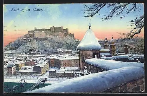AK Salzburg, Teilansicht mit Festung im Schnee