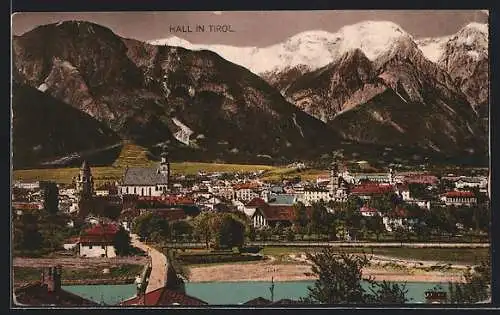 AK Hall in Tirol, Ortsansicht mit Berpanorama