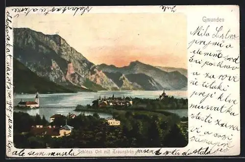 AK Gmunden, Schloss Ort mit Traunstein