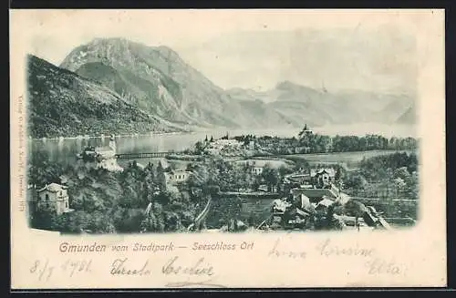 AK Gmunden, Ortsansicht vom Stadtpark mit Seeschloss Ort