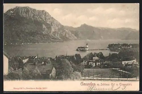 AK Gmunden, Ortsansicht mit Schloss und Traunstein