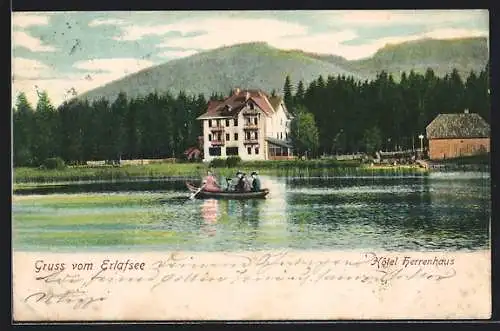 AK Erlafsee, Hotel Herrenhaus, Ruderer auf dem Wasser