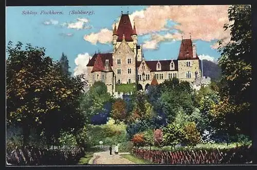 AK Bruck an der Grossglocknerstrasse, Schloss Fischhorn mit Gärten und Passanten