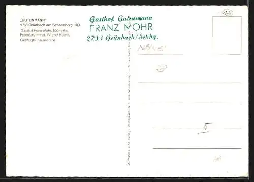 AK Grünbach am Schneeberg, Gasthof Gutenmann, Innenansicht