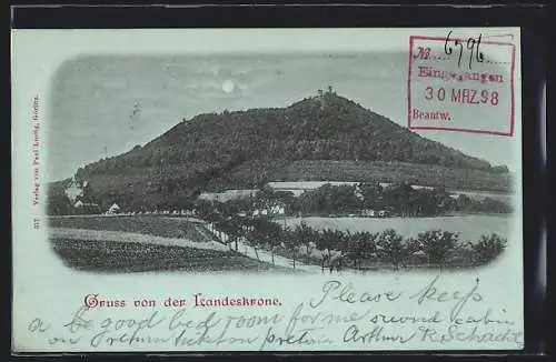 Mondschein-AK Görlitz, Gasthaus Landeskrone, Totalansicht mit der Burgruine