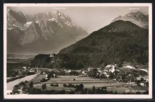 AK Eschenlohe, Ortsansicht mit Zugspitze und Kramer