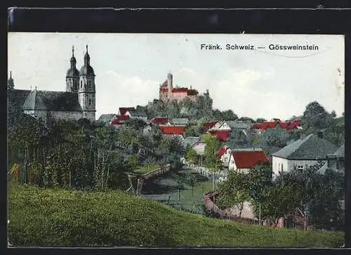 AK Gössweinstein /Fränk. Schweiz, Ortsansicht mit Kirche und Burg
