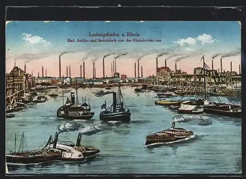 AK Ludwigshafen a. Rhein, Bad. Anilin- und Sodafabrik von der Rheinbrücke aus