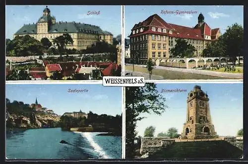 AK Weissenfels a. S., Schloss, Reform-Gymnasium, Saalepartie und Bismarckturm