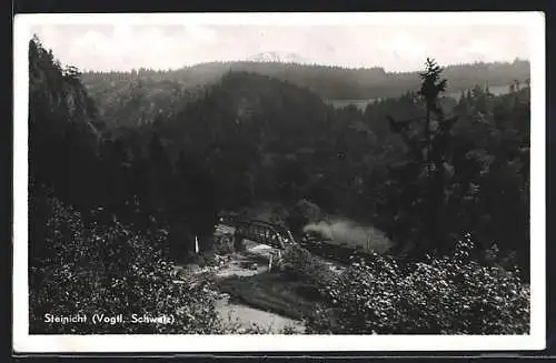 AK Steinicht i. V., Eisenbahnbrücke mit Bahn aus der Vogelschau