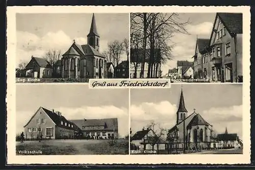 AK Friedrichsdorf / Westf., Brackwederstrasse, Volksschule, Evg. Kirche