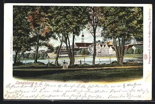 AK Landsberg a. L., Panorama der Stadt von den Grünanlagen am Flussufer aus
