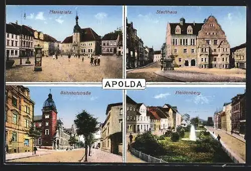 AK Apolda, Marktplatz mit Passanten, Heidenberg mit Springbrunnen