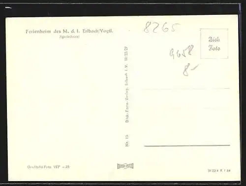 AK Erlbach / Vogtl., Ferienheim des M. d. I., Speisesaal