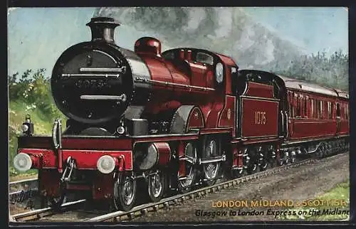 Künstler-AK Englische Eisenbahn 1075, London Midland & Scottish, Glasgow to London Express
