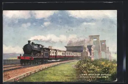 Künstler-AK englische Eisenbahn der Gesellschaft L.&N.W.R., Irish Boat Express at Britannia Bridge