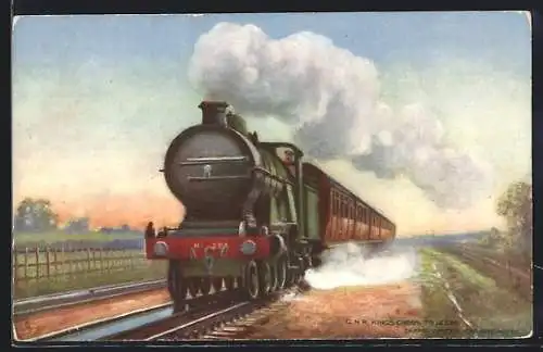 AK englische Eisenbahn, G.N.R. Locomotive Kings Cross to Leeds, taking Water near Doncaster