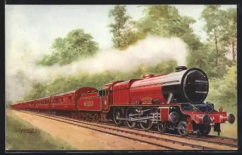 Künstler-AK Englische Eisenbahn, Dampflokomotive unterwegs, Royal Scot