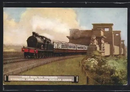 Künstler-AK Irish Mail via Holyhead, emerging from Britannia Tubular Bridge