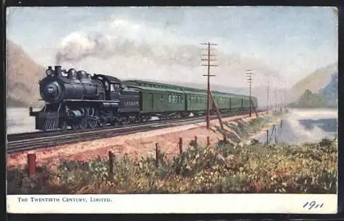 AK Twentieth Century, Limited, Eisenbahn unter Dampf an Wasser