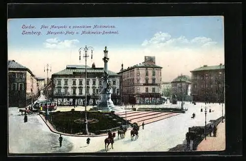 AK Lemberg, Strassenbahn auf dem Maryacki-Platz mit Mickiwiecz-Denkmal