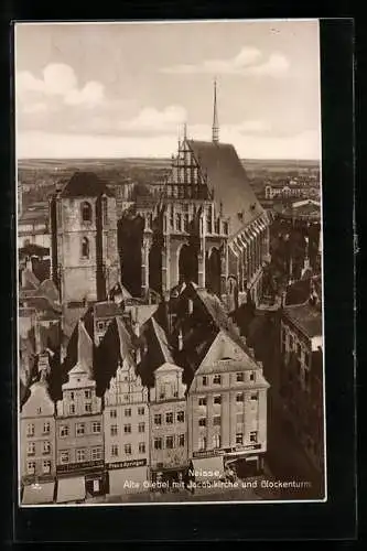 AK Neisse, alte Giebel mit Jacobikirche & Glockenturm