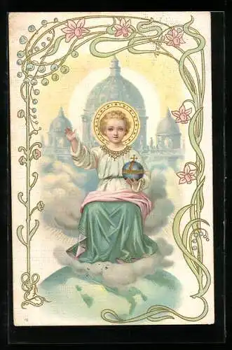 Lithographie Rom, Christuskind mit Heiligenschein und Reichsapfel vor dem Petersdom