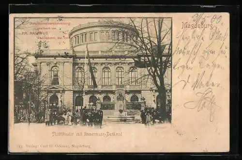 AK Magdeburg, Jubiläumsversammlung 1900, Stadttheater mit Immermann-Denkmal