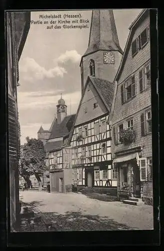 AK Michelstadt /Hessen, Kirche mit Blick auf das Glockenspiel