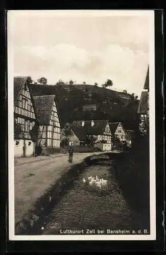 AK Zell b. Bensheim, Strassenpartie mit Fachwerkhäusern