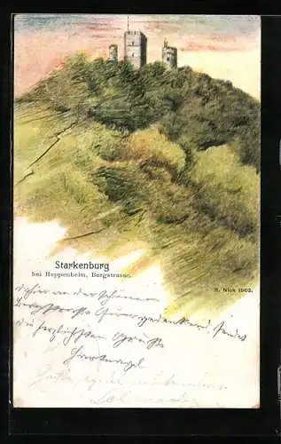 Künstler-AK Heppenheim / Bergstrasse, Blick zur Starkenburg