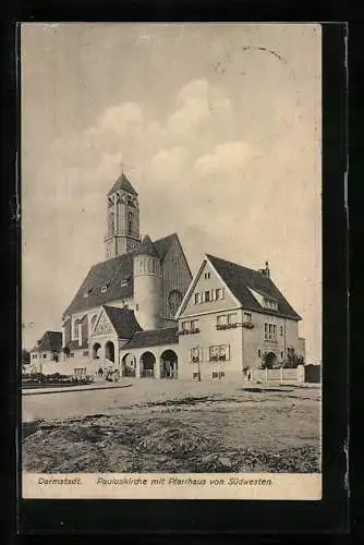 AK Darmstadt, Pauluskirche mit Pfarrhaus von Südwesten