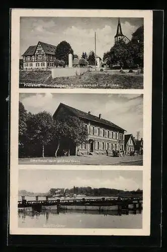 AK Freistett, Gasthaus zum goldnen Stern, Rathaus mit Kriegerdenkmal u. Kirche, Schiffbrücke
