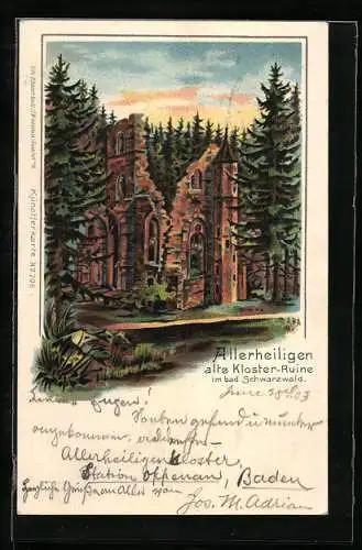 Lithographie Lierbach, Allerheiligen, alte Kloster-Ruine