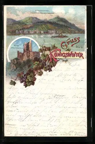 Lithographie Königswinter, Blick zur Drachenburg, Restauration auf dem Drachenfels, Burgruine