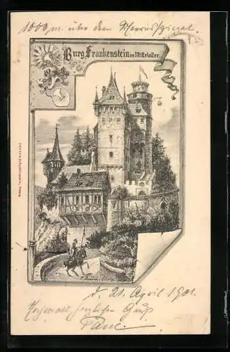 Lithographie Frankenstein, Burg Frankenstein im Mittelalter