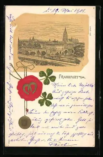 Präge-Lithographie Frankfurt a. M., Ortspartie mit Kirche, Siegel