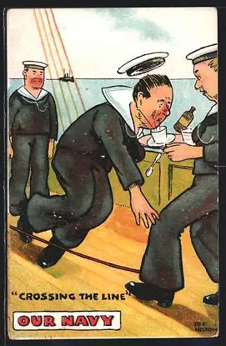Künstler-AK sign. Alf. Hilton: Matrose stolpert über ein Seil an Bord eines Schiffes